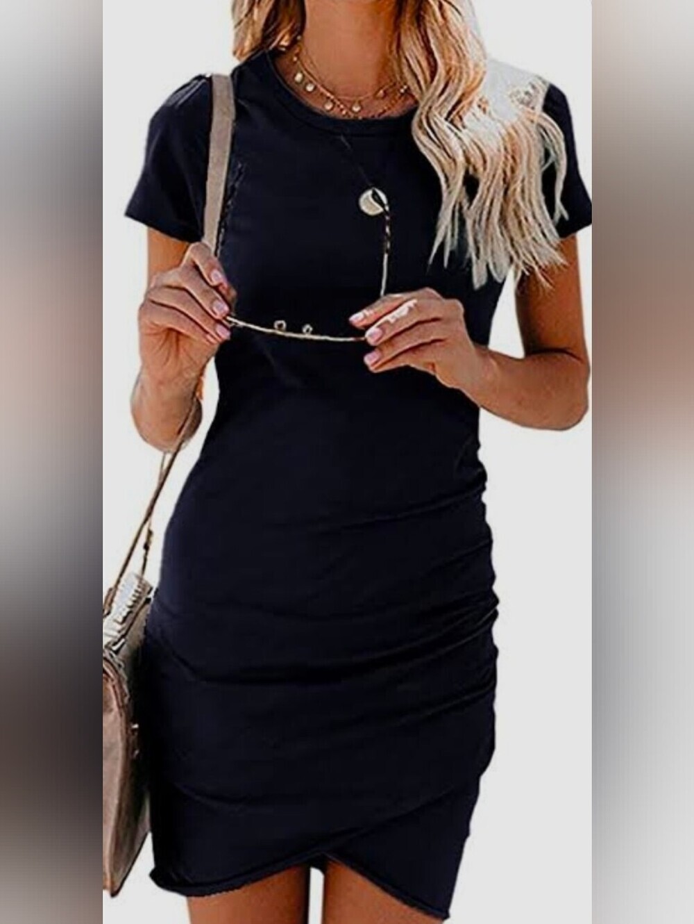 Sleek Black Short-Sleeve Mini Dress with Side Ruching